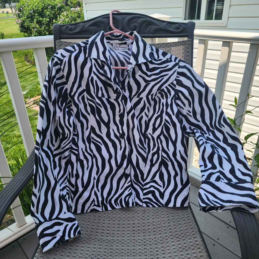New Directions Black and White Zebra Button-Down Denim Jacket